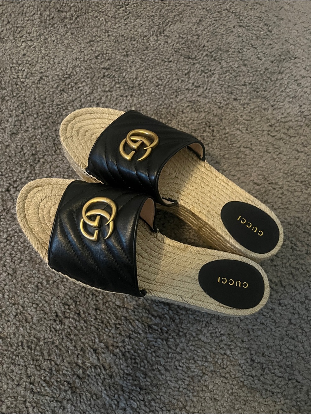 Gucci Black Quilted Leather Slide platform Sandals with Gold GG